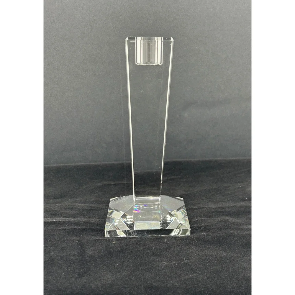 Oleg Cassini Crystal Candlestick Holder Signed Tapered Geometric Clear Glass 6in